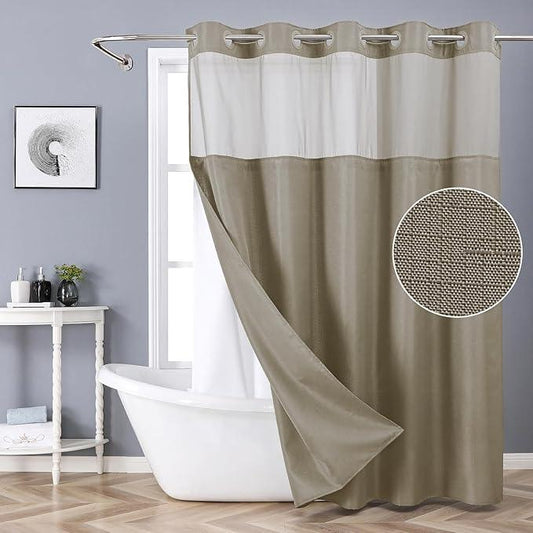 eachope No Hook Shower Curtain with Snap-in Fabric Liner Set,Slub Textured Fabric Shower Curtains for Bathroom,Hotel Style Modern Shower Curtain,Water Repellent & Washable,71x77(75),Tan/Khaki - ModernBath