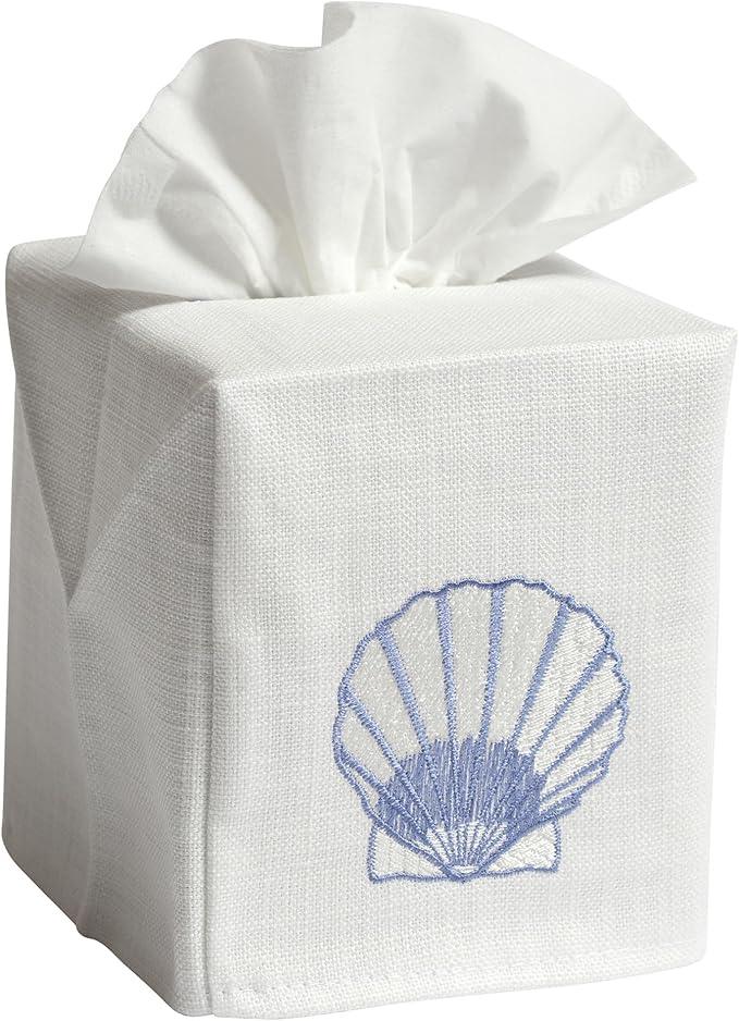 Jacaranda Living Square Tissue Box Cover, Linen/Cotton Fabric Tissue Holder, Decorative Cloth Tissue Cube Cover, Coastal Designs Scallop (Blue) - ModernBath