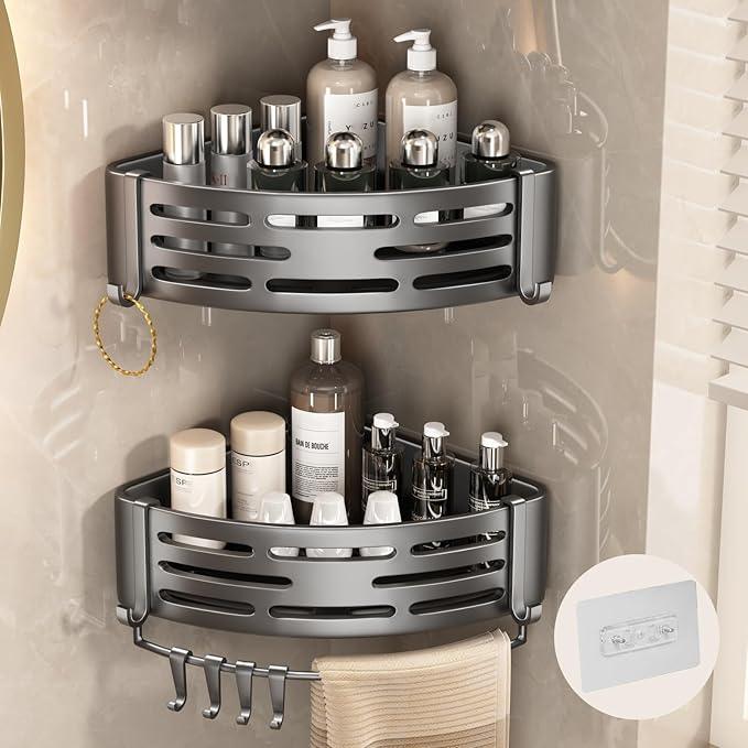VOLPONE Corner Shower Caddy Adhesive Shower Shelf Corner No Drilling Bathroom Shower Organizer Storage Rack Rust-proof with Towel Bar (2-Pack, Gray) - ModernBath