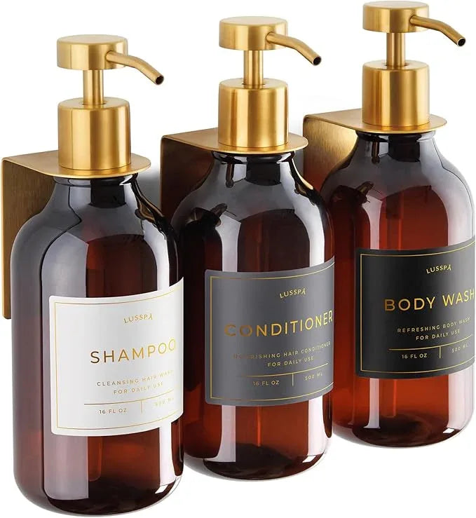 Shampoo & Conditioner Dispenser - Shower Soap Dispenser Wall Mounted - Set of 3 16.9 Oz Plastic Bottles with Pump & Holder - Shampoo Dispenser - Shower Dispenser Chamber No Drill (3 X Amber/Gold) - ModernBath