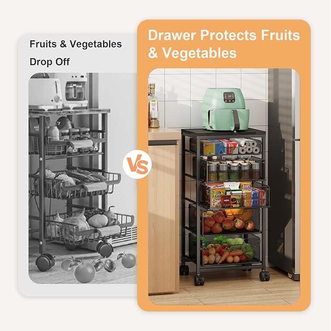Kitchen Storage Cart with Drawer, 5-Tier Fruit Vegetable Storage Cart, Kitchen Organizer and Storage Cart with Wheels, Wooden Top Metal Wire Pantry Storage Cart rack for for Fruit Snack Onion Potato - ModernBath