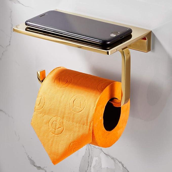 Toilet Roll Paper Holder Bathroom Solid Brass and Superior Hotel Style Wall Mount Tissue Roll Holder with Phone Shelf Bright Gold Finished - ModernBath