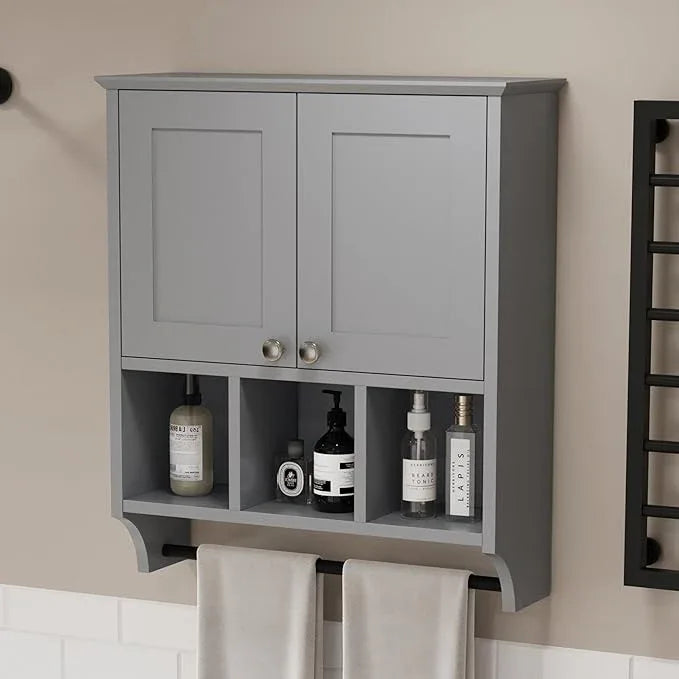 Medicine Cabinets, Bathroom Cabinet Wall Mounted 2-Door with 3 Open Shelves, Over The Toilet Storage Cabinet with Towels Bar for Toilet, Bathroom (Grey) - ModernBath