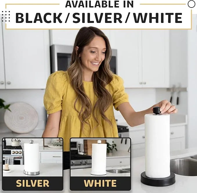 Dear Household Stainless Steel Paper Towel Holder Easy One-Handed Operation - This Sturdy Weighted Paper Towel Dispenser Countertop Model Has Suction Cups and Holds All Paper Towel Rolls - White - ModernBath