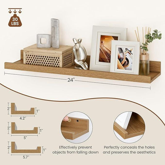 Heimlove Floating Shelves Set of 6, 24" Wall Mounted Picture Ledge, Display Shelf Organizer for Decor Storage, Wall Mounted Shelves for Living Room, Bedroom, Bathroom, Kitchen (Oak) - ModernBath