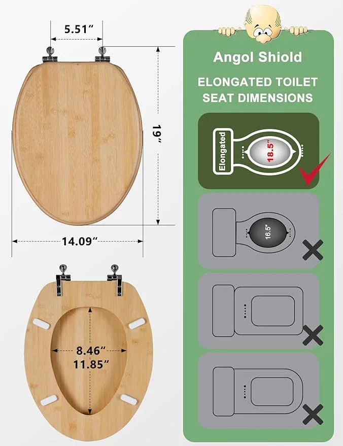 Elongated Bamboo Toilet Seat with Zinc Alloy Hinges, Easy to Install also Easy to Clean, Natural Bamboo, Light, 18.5-inch - ModernBath