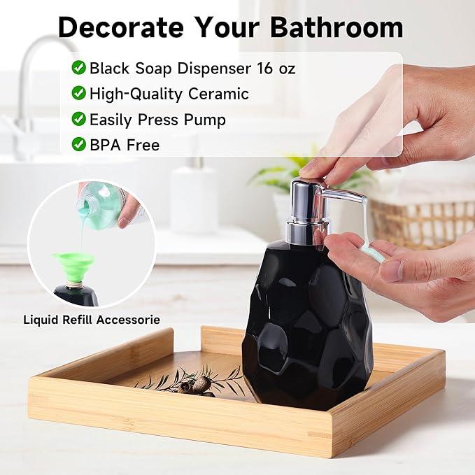 Ceramic Bathroom Accessories Set 4 PCS,Bathroom Toothbrush Holder Set,Soap and Toothbrush Holder Set,Include Toothbrush Holder,Soap Dispenser,Soap Dish,Tumbler,Bathroom Sets Decor Organizer (Black) - ModernBath