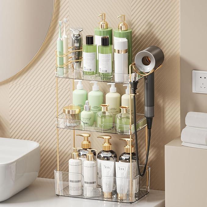 Bathroom Counter Organizer for Vanity, Makeup Organizer Countertop with Holder, Large Capacity Storage Rack, Perfect Large Skincare, Hair Care, Perfume, Easy to Install (Clear, 3Tiers) - ModernBath