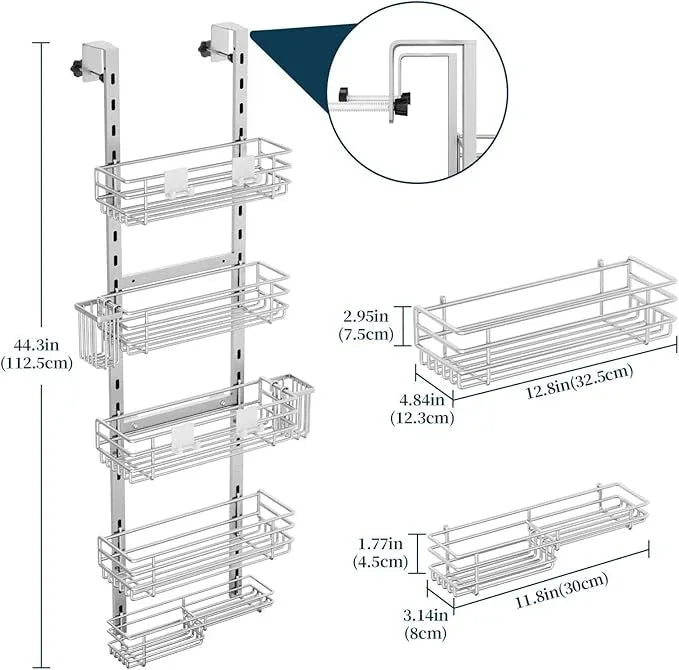 Consumest Over The Door Shower Caddy - 5 Tier Adjustable Shower Organizer Hanging with 2 Toothbrush Holders & 4 Hooks, Rustproof Organizer Shelf, Storage Rack for Bathroom, Silver - ModernBath