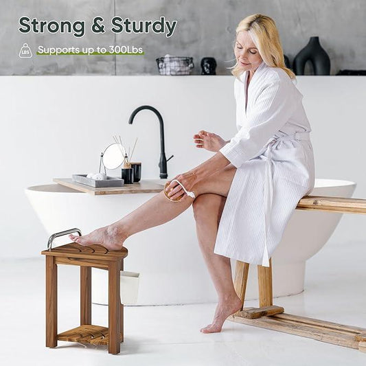 Smart Fendee 16.5“ Teak Shower Bench Seat with Handle, Corner Wooden Spa Bathing Stool with Storage Towel Shelf, Perfect for Inside Shower and Outdoor Use - ModernBath