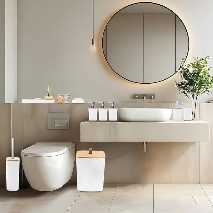 XLHOMO White Bathroom Accessories, Bathroom Accessories Set with Trash Can, Soap Dispenser, Toothbrush Holder, Toothbrush Cup, Soap Dish, Toilet Brush, Tray and Q-tip Holders for Housewarming - ModernBath