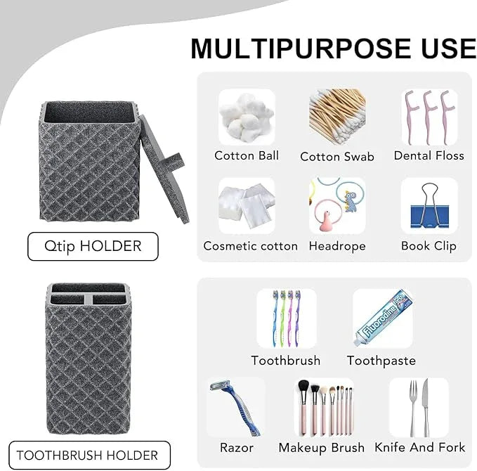 Bathroom Accessories Set Resin 6PCS, Square Toothbrush Holders Set Complete with Soap Dispenser, Vanity Tray, Tumbler, Cups and Cotton Swab Jars (Gray Diamond, Resin Bath 6 PCS) - ModernBath