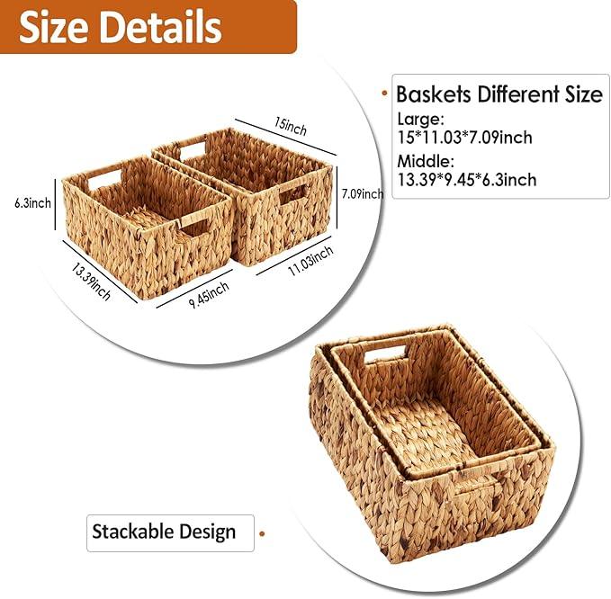 Wicker Baskets 2 Pack, Water Hyacinth Wicker Storage Basket with Handles, Large Rectangular Wickers Baskets for Organizing, Natural - ModernBath