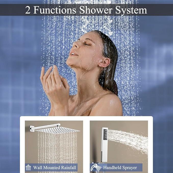 YCAIKOI Shower Faucet Set 16 Inch Wall Mount Rain Shower System, All Metal Shower Fixtures - Polished Chrome - ModernBath