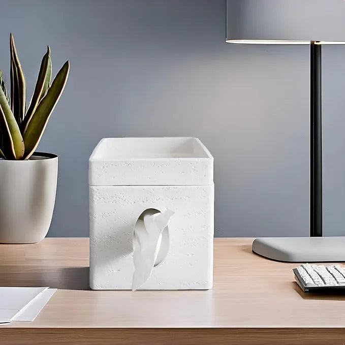 Hymmah Tray Tissue Box Cover Holder Unique Cube Design Tissue Dispenser Cover Decor for Vanity Counter Tops Also Great for Bedroom and Living Room White - ModernBath