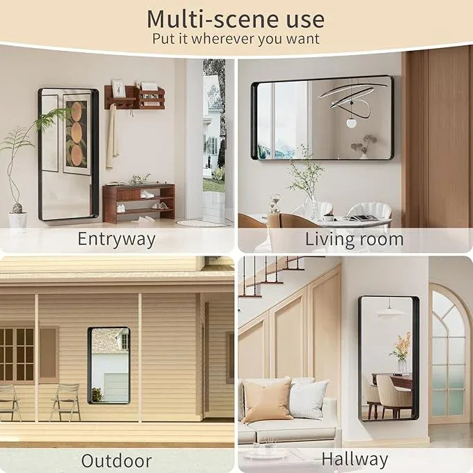 Koonmi Black Bathroom Mirror for Wall, 30x60 Inch Matte Metal Deep Framed Rounded Corner Wall Mirror, Shatterproof Tempered Glass for Farmhouse Bedroom Entryway, Vertically or Horizontally - ModernBath