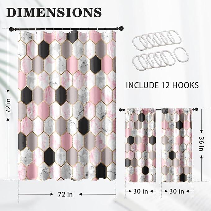Culudea Geometric Gold Pink Shower Curtain Set, Gray Marble Vintage Bathroom Window Waterproof Shower Curtain Set for Bathroom Decor - ModernBath