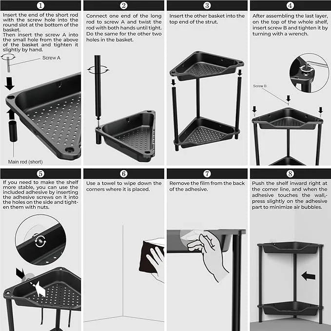 ODesign 2 Tier Floor Standing Corner Shower Caddy Organizer Plastic Metal Splicing Shelf Storage Rack for Bathroom Black - Rustproof - ModernBath