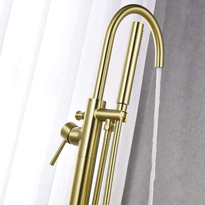 Freestanding Bathtub Faucet Tub Filler Brushed Gold Single Handle Floor Mounted Brass Faucets with Hand Shower - ModernBath