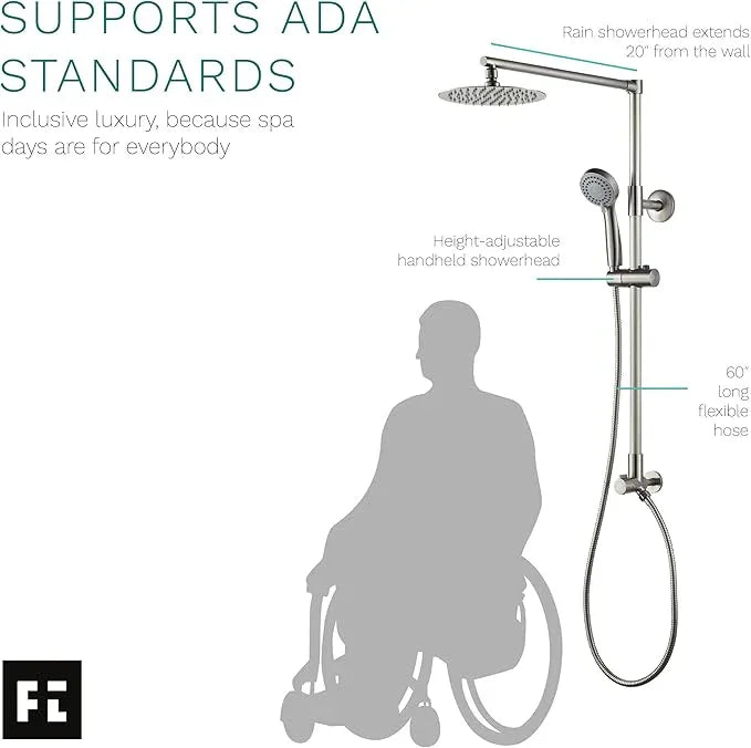 Fennocasa Polaris 3 Rain Shower System, 8” Rainfall Shower Head and Handheld Shower Combo, includes 3-Setting Handheld Spray, Height Adjustable Shower Wand Holder, 60” Hose (1.8 GPM Brushed Nickel) - ModernBath