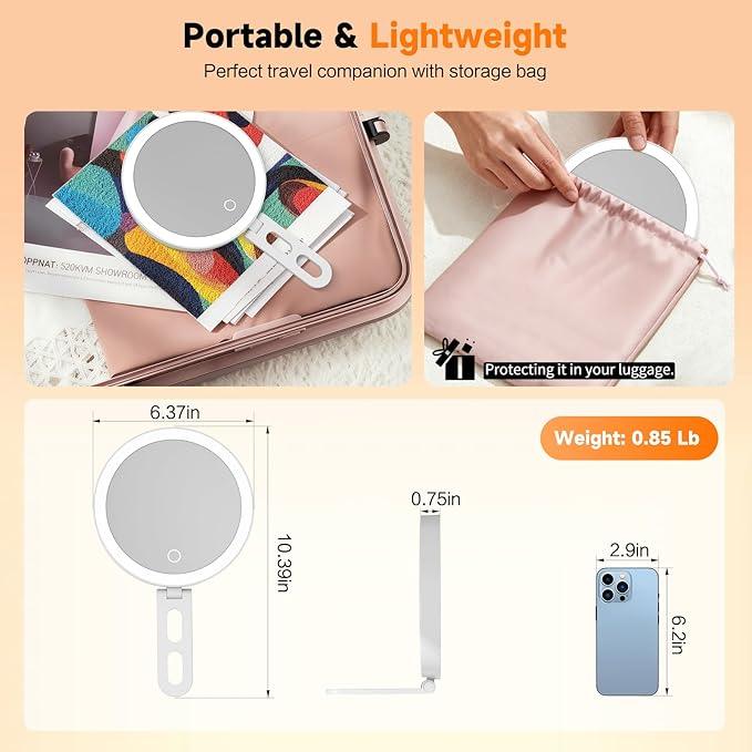 Travel Makeup Mirror with Lights, Lighted Magnifying Mirror 10X, 4-in-1 Portable for Handheld, Tabletop, Hanging and Wall Mount with Suction Cup and 3 Color Light, Ideal Gift for Women and Seniors - ModernBath