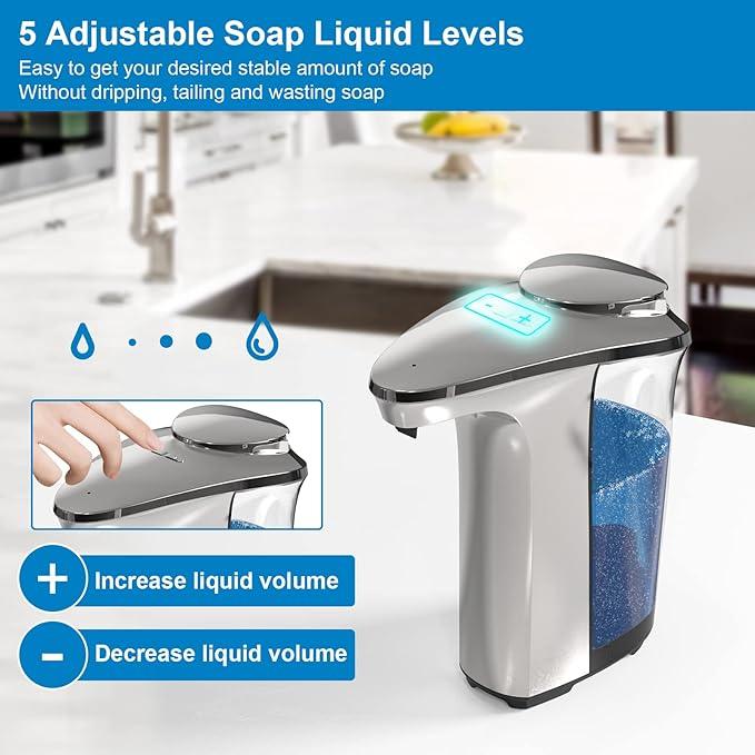 PZOTRUF Automatic Soap Dispenser, Touchless Dish Soap Dispenser 17oz/500ml with Upgraded Infrared Sensor, 5 Adjustable Soap Dispensing Levels, Liquid Hand Dispenser for Bathroom (Silver Set) - ModernBath