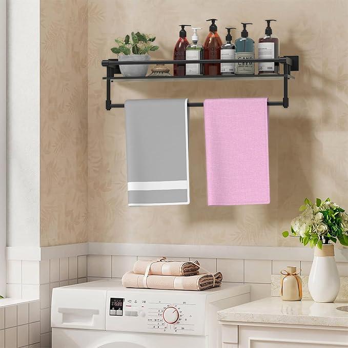 Glass Shelves for Bathroom with Towel Bar/Rack 24" Tempered Glass Shelves with Stainless Steel Towel Holder for Wall Shelf Sink Over Toilet (Matte Black) - ModernBath