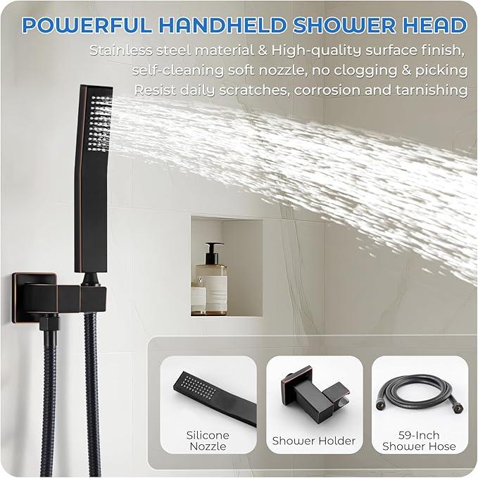 RNDIOZD ORB Shower Faucet Set, 10 inch Rain Shower System with Pressure Balance Valve, Wall Mounted 2-Functions Bathroom Shower Systems with Rain Shower and Handheld Spray Shower Trim Included - ModernBath