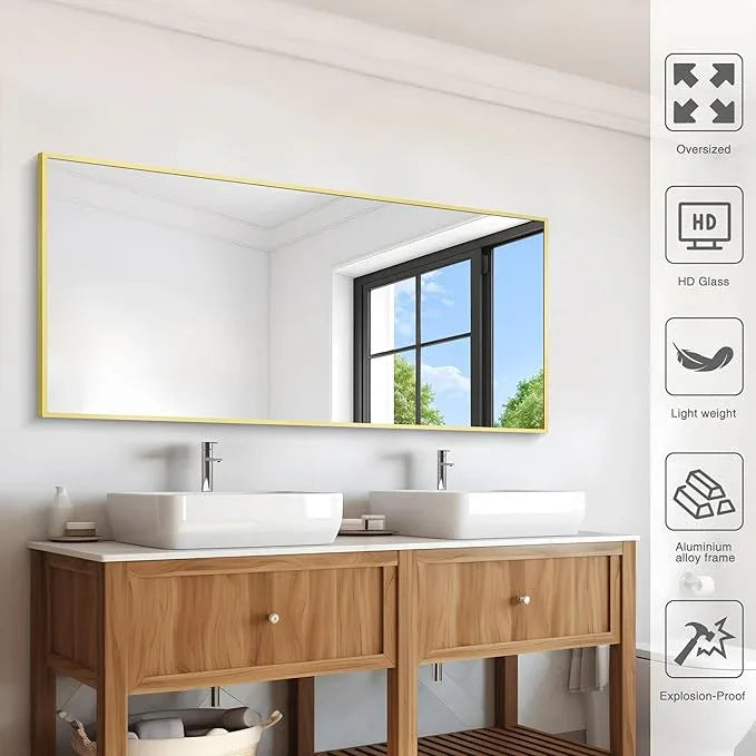 COFENY Gold Bathroom Mirror for Wall, 60x30 Inch Rectangle Mirrors with Metal Frame, Modern Vanity Wall Mirror Decor for Bathroom Living Room, Entryway Hangs Horizontal or Vertical - ModernBath