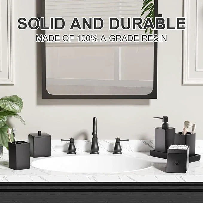 Black Bathroom Accessories Set Resin 6PCS, Square Toothbrush Holders Set Complete with Soap Dispenser, Vanity Tray, Tumbler, Cups and Cotton Swab Jars for Counter, Sink or Small Spaces - ModernBath