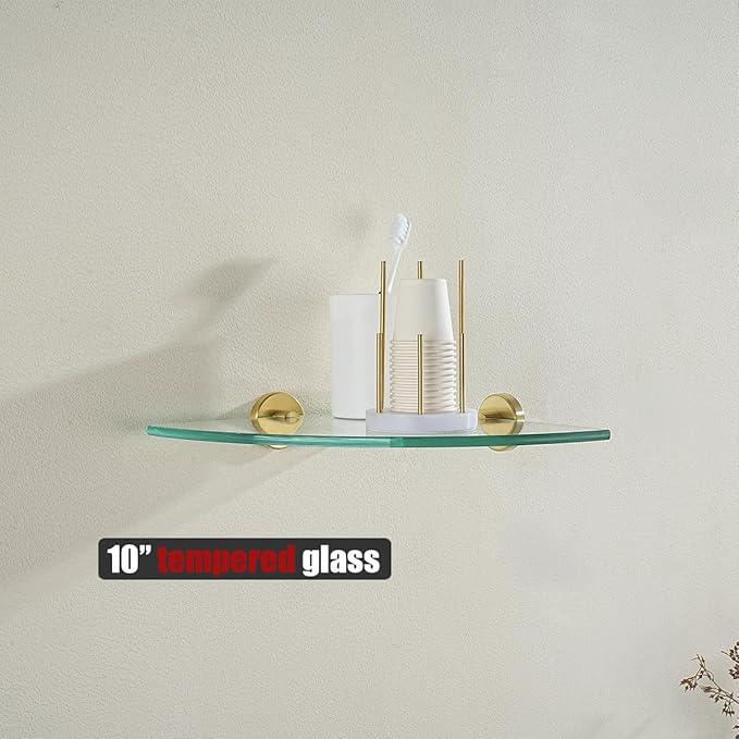 JQK Corner Glass Shelf 10.67 Inch, Brushed Gold Bathroom 304 Stainless Steel Shower Triangle Floating Wall Shelf Tempered Glass, 3 Pack TGS190L10-BG-P3 - ModernBath
