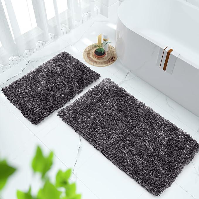 Yimobra Bathroom Rug Set 2 Piece, Luxury Shaggy Bath Mat Set with Non Slip Backing, Ultra Soft & Absorbent Mats for Bathroom Floor, Machine Washable, 44"x24"+24"x17", Dark Grey - ModernBath