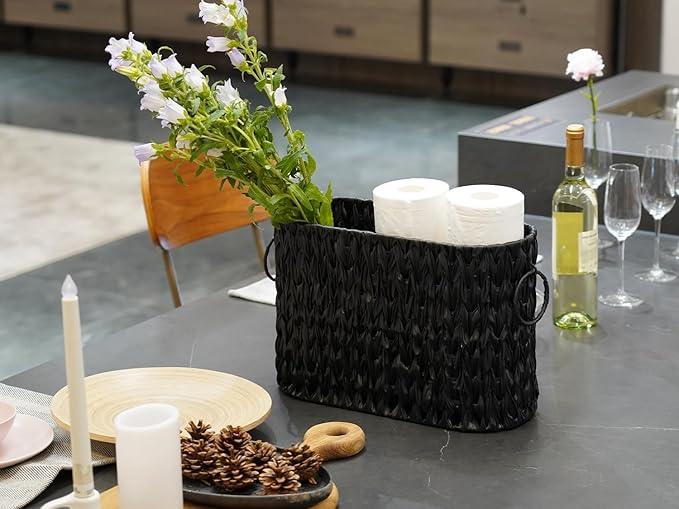 Coeusy Black Toilet Paper Storage Basket,Large Free Standing Toilet Paper Organizer,Waterproof Narrow Wicker Basket for Bathroom,Under Sink,or Cabinet - ModernBath