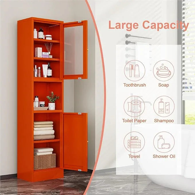 Metal Bathroom Storage Cabinet, 67" Tall Narrow Freestanding Floor Cabinet with Adjustable Shelves and Open Compartment, Slim Metal Locker for Laundry, Kitchen, Dining Room - ModernBath