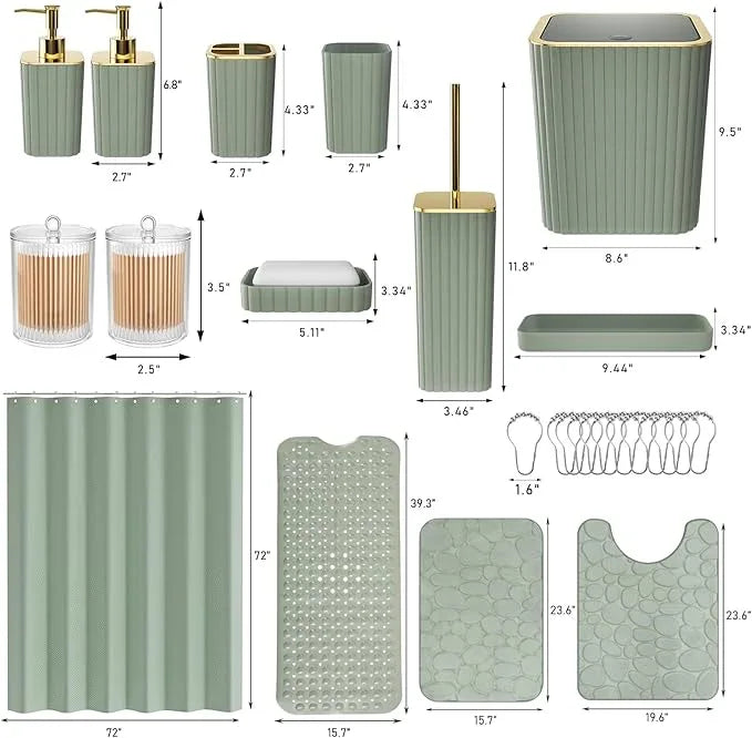 XLHOMO 26PC Bathroom Accessories Set - Gorgeous Sage Green Bathroom Set, Bathroom Accessory Set, Shower Curtain Set with Bathtub Mats for Shower Tub, Trash Can & Soap Dispenser - ModernBath