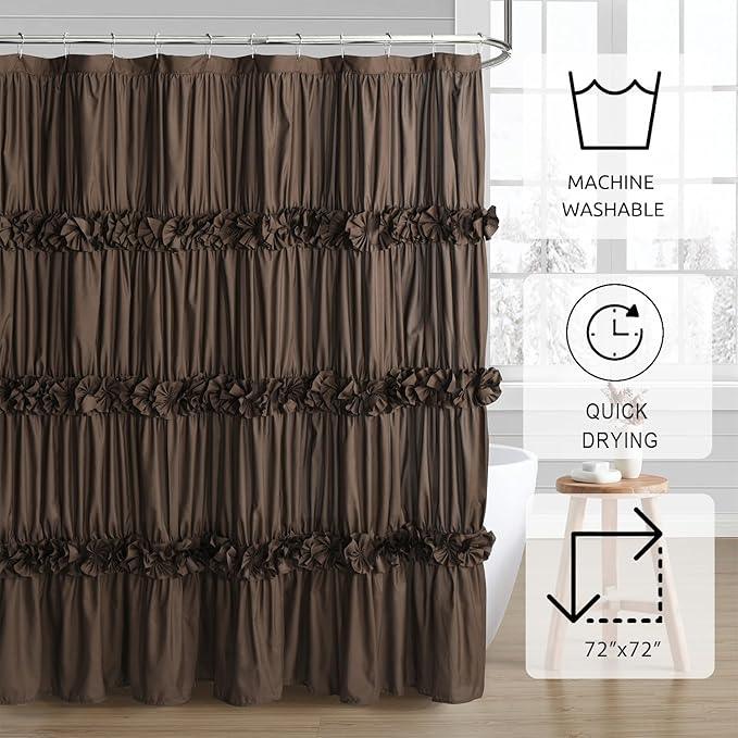 Homechoice Decor Chocolate Ruffle Shower Curtain, Vintage Handcrafted Bow Tie Bath Curtain for Master Bathroom, Ruched Microfiber Bathroom Curtain with 12 Buttonholes, 72" W x 72" H (LQ-10) - ModernBath