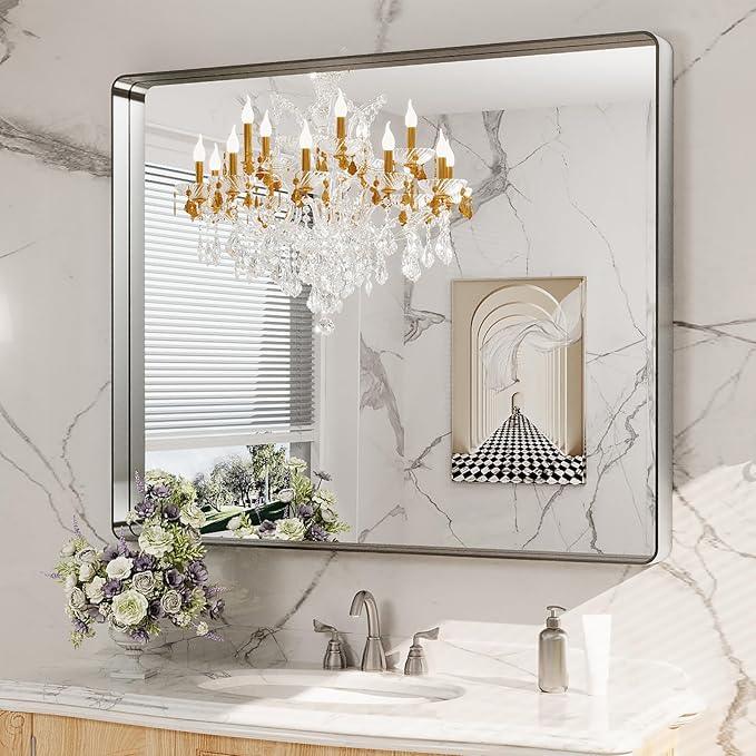 LOAAO 40X36 Inch Brushed Nickel Bathroom Mirror, Rounded Rectangle Silver Metal Frame Mirror, Brushed Nickel, Anti-Rust, Shatter Proof, Hangs Horizontally or Vertically - ModernBath