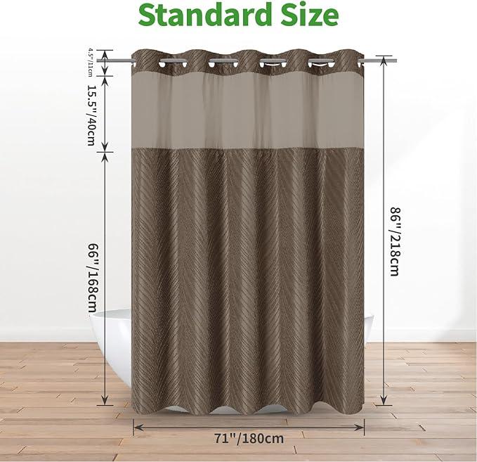eachope no Hook Shower Curtain and Liner Set，Boho Style with See Through Top Window, Brown Fabric Tufted Striped Textured Outer Curtain & Waterproof Inner Liner, Brown, 71Wx86H - ModernBath