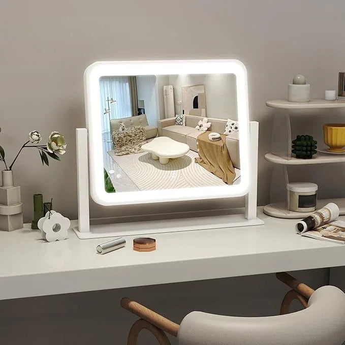 ROLOVE 14"x12"Vanity Mirror, Lighted Makeup Mirror for Vanity Desk, Smart Touch Control, 360° Rotation, 3-Color Modes, Gifts for Women, Bedroom, White - ModernBath