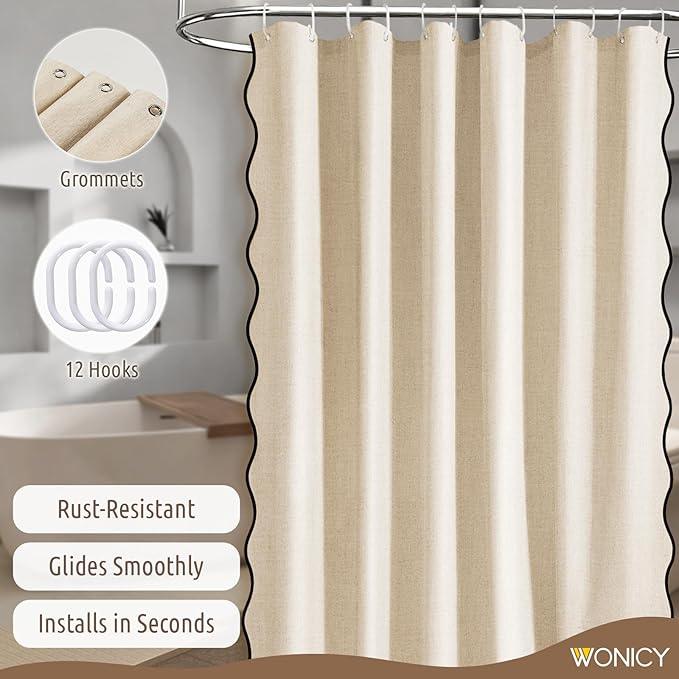 WONICY Beige Scalloped Shower Curtain with Black Border - Heavy Duty Polyester Shower Curtains for Bathroom, Waterproof & Washable, 72x72 Inches with 12 Hooks - ModernBath