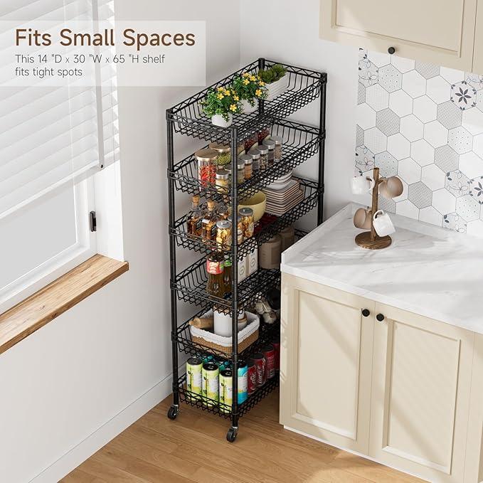 6 Shelves Storage Shelf Wire Closet Bathroom Organizers Metal Pantry Kitchen Garage Shelving Unit Laundry Room Organization Home Rack Net Basket Black with Wheels 30" Dx14 Wx65 H - ModernBath