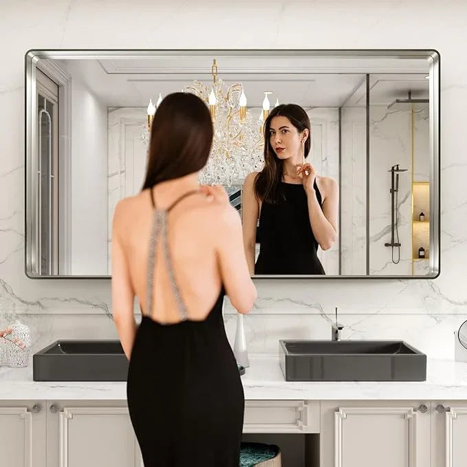 LOAAO 84X32 Inch Brushed Nickel Bathroom Mirror, Rounded Rectangle Silver Metal Frame Mirror, Brushed Nickel, Anti-Rust, Hangs Horizontally or Vertically - ModernBath