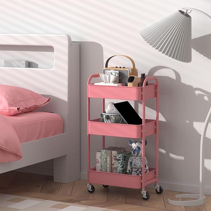 MAX Houser 3-Tier Rolling Utility Cart with Caster Wheels,Easy Assembly, for Kitchen, Bathroom (Pink) - ModernBath
