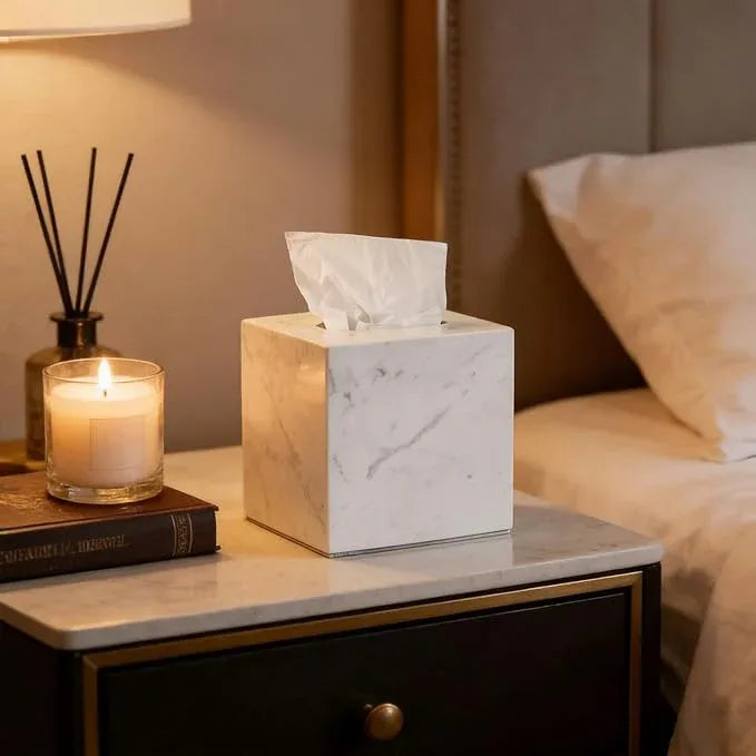 Natural Marble White Tissue Box Cover, Heavy Duty Nature Stone Tissue Box Holder, Elegant & Luxurious Grey Square Toilet Tissue Box Holder for Bathroom, Bedroom, Living Room, Office - ModernBath