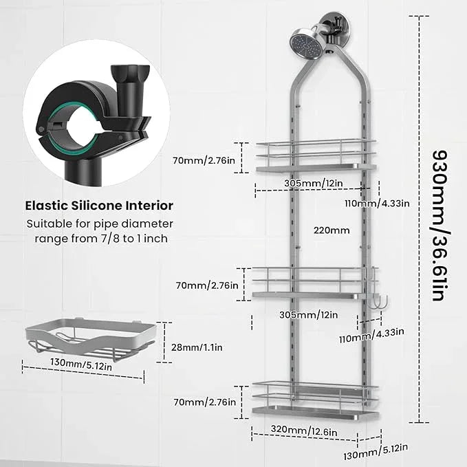 Shower Caddy Hanging (Silver), Adjustable Anti-Swing-Over The Shower Head Caddy, 3 Tier Height Bathroom Storage Organizer, Bathroom Shelves Basket Rack, Shower Caddies Rack with Adjustable Soap Basket - ModernBath