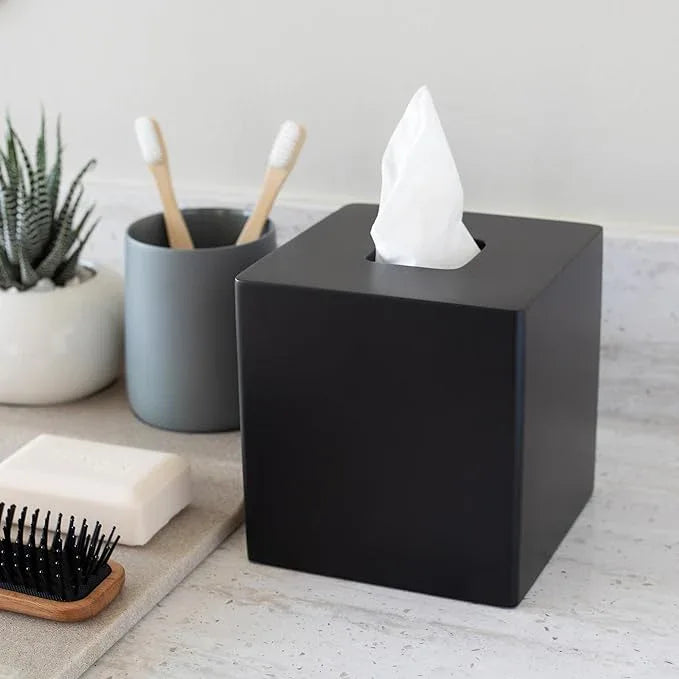 Yew Design Matte Black Square Tissue Box Cover, Decorative Tissue Box Dispenser for Bathroom, Parlors, Office, Bedroom Dresser, Vanity Countertop, Nightstand, Car, and Desk - ModernBath