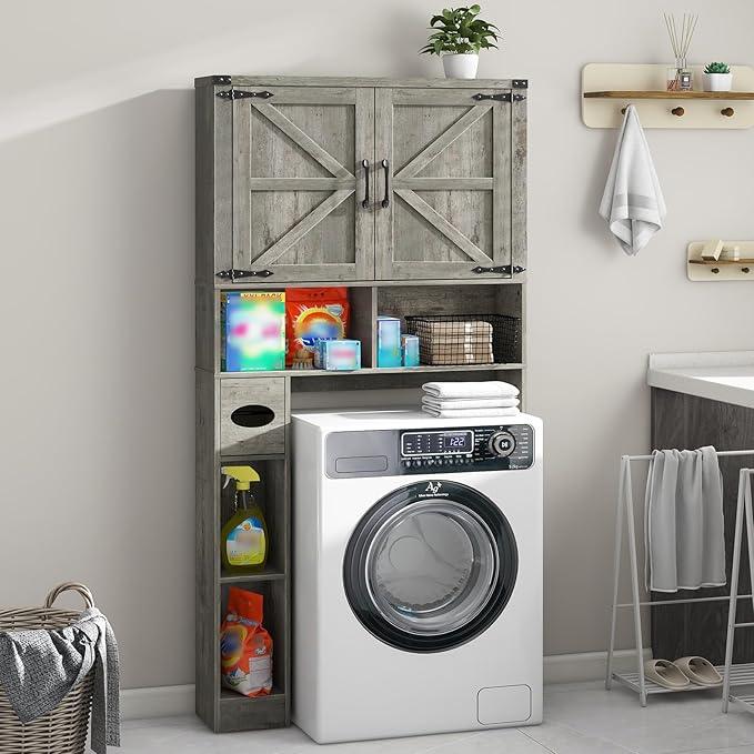 Vabches Over The Toilet Storage Cabinet, Farmhouse Storage Cabinet Over Toilet with 2 Barn Doors & Toilet Paper Holder Stand，Home Space-Saving Toilet Rack, for Laundry, Bathroom, Restroom.Grey Oak - ModernBath