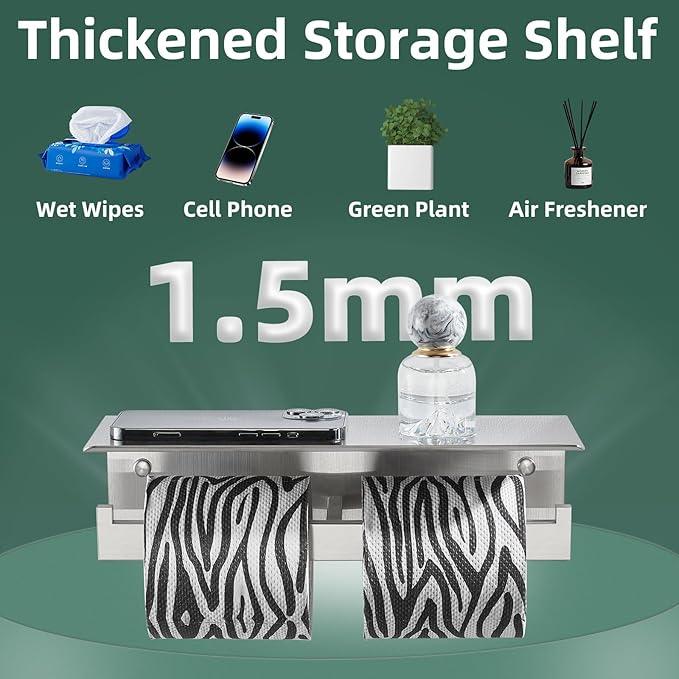 APLusee Double Toilet Paper Holder with Shelf, 304 Stainless Steel Brushed Nickel Bathroom Tissue Holder, Commercial Paper Roll Dispenser Wall Mounted - ModernBath