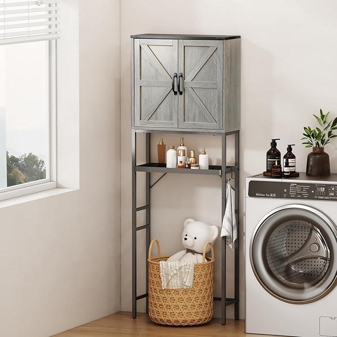 Over The Toilet Storage Cabinet, Bathroom Above Toilet Cabinet Organizer with Doors and Adjustable Shelves, Bathroom Shelf Organizer with Anti-Tip Device & Drain Rack, Grey - ModernBath