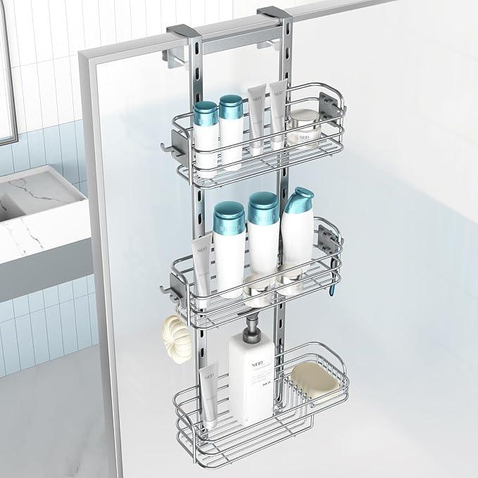Nieifi Over The Door Shower Caddy Pantry Organizer Rack, Adjustable Hanging Shower Organizer Shelf Basket Storage Rack, Bathroom Shelves Drill Free Extra Large, Silver - ModernBath